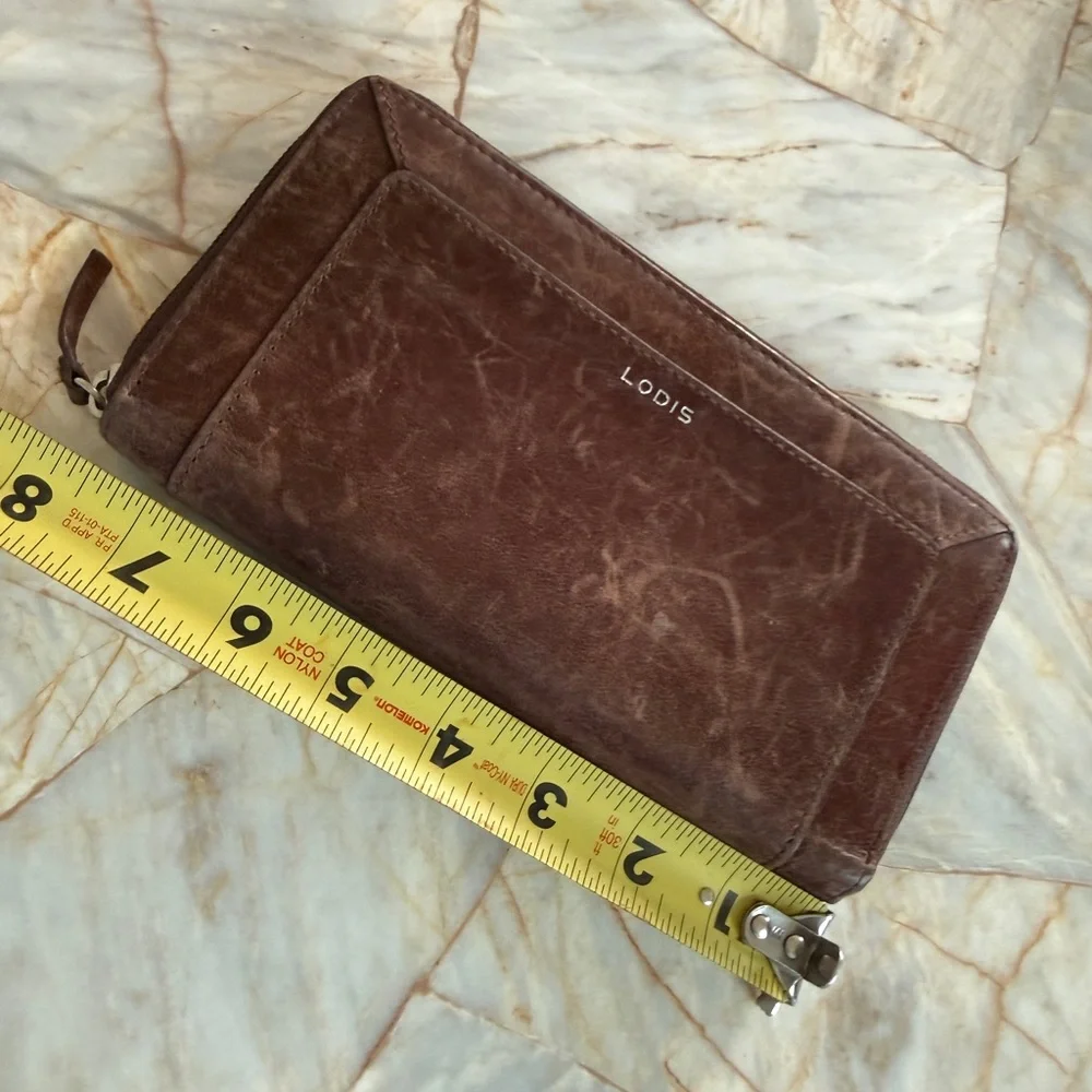 Lodis Brown Distressed Leather Zip Around Continental Wallet Organizer